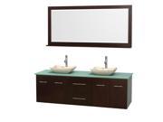Wyndham Collection Centra 72 inch Double Bathroom Vanity in Espresso Green Glass Countertop Avalon Ivory Marble Sinks and 70 inch Mirror