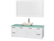 Wyndham Collection Amare 60 inch Single Bathroom Vanity in Glossy White Green Glass Countertop Avalon Ivory Marble Sink and 58 inch Mirror