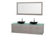 Wyndham Collection Centra 80 inch Double Bathroom Vanity in Gray Oak Green Glass Countertop Arista Black Granite Sinks and 70 inch Mirror