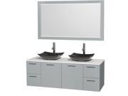 Wyndham Collection Amare 60 inch Double Bathroom Vanity in Dove Gray White Man Made Stone Countertop Arista Black Granite Sinks and 58 inch Mirror