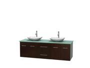 Wyndham Collection Centra 72 inch Double Bathroom Vanity in Espresso Green Glass Countertop Arista White Carrera Marble Sinks and No Mirror