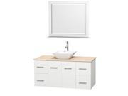 Wyndham Collection Centra 48 inch Single Bathroom Vanity in Matte White Ivory Marble Countertop Pyra White Porcelain Sink and 36 inch Mirror