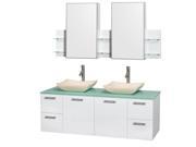 Wyndham Collection Amare 60 inch Double Bathroom Vanity in Glossy White Green Glass Countertop Avalon Ivory Marble Sinks and Medicine Cabinets