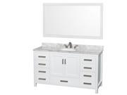 Wyndham Collection Sheffield 60 inch Single Bathroom Vanity in White White Carrera Marble Countertop Undermount Oval Sink and 58 inch Mirror