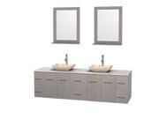Wyndham Collection Centra 80 inch Double Bathroom Vanity in Gray Oak White Carrera Marble Countertop Avalon Ivory Marble Sinks and 24 inch Mirrors