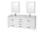 Wyndham Collection Sheffield 80 inch Double Bathroom Vanity in White White Carrera Marble Countertop Undermount Square Sinks and Medicine Cabinets