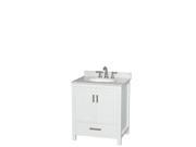 Wyndham Collection Sheffield 30 inch Single Bathroom Vanity in White White Carrera Marble Countertop Undermount Oval Sink and No Mirror