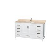 Wyndham Collection Sheffield 60 inch Single Bathroom Vanity in White Ivory Marble Countertop Undermount Square Sink and No Mirror