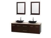 Wyndham Collection Centra 72 inch Double Bathroom Vanity in Espresso Ivory Marble Countertop Arista Black Granite Sinks and 24 inch Mirrors