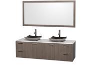 Wyndham Collection Amare 72 inch Double Bathroom Vanity in Gray Oak with White Man Made Stone Top with Black Granite Sinks and 70 inch Mirror