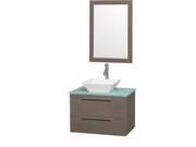 Wyndham Collection Amare 30 inch Single Bathroom Vanity in Gray Oak with Green Glass Top with White Porcelain Sink and 24 inch Mirror