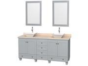 Wyndham Collection Acclaim 72 inch Double Bathroom Vanity in Oyster Gray Ivory Marble Countertop Pyra White Porcelain Sinks and 24 inch Mirrors