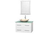 Wyndham Collection Centra 36 inch Single Bathroom Vanity in Matte White Green Glass Countertop Arista Ivory Marble Sink and 24 inch Mirror