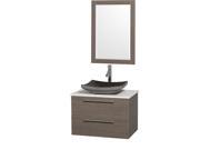 Wyndham Collection Amare 30 inch Single Bathroom Vanity in Gray Oak with White Man Made Stone Top with Black Granite Sink and 24 inch Mirror