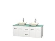 Wyndham Collection Centra 60 inch Double Bathroom Vanity in Matte White Green Glass Countertop Pyra Bone Porcelain Sinks and No Mirror