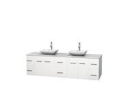 Wyndham Collection Centra 80 inch Double Bathroom Vanity in Matte White White Man Made Stone Countertop Avalon White Carrera Marble Sinks and No Mirror