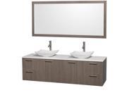 Wyndham Collection Amare 72 inch Double Bathroom Vanity in Gray Oak White Man Made Stone Countertop Arista White Carrera Marble Sinks and 70 inch Mirror