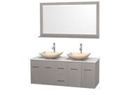 Wyndham Collection Centra 60 inch Double Bathroom Vanity in Gray Oak White Man Made Stone Countertop Arista Ivory Marble Sinks and 58 inch Mirror
