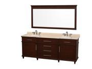 Wyndham Collection Berkeley 80 inch Double Bathroom Vanity in Dark Chestnut with Ivory Marble Top with White Undermount Oval Sinks and 70 inch Mirror