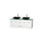 Wyndham Collection Centra 60 inch Double Bathroom Vanity in Matte White Green Glass Countertop Arista Black Granite Sinks and No Mirror