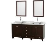 Wyndham Collection Acclaim 72 inch Double Bathroom Vanity in Espresso White Carrera Marble Countertop Pyra White Sinks and 24 inch Mirrors