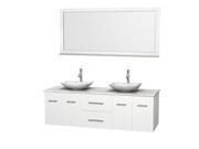 Wyndham Collection Centra 72 inch Double Bathroom Vanity in Matte White White Carrera Marble Countertop Arista White Carrera Marble Sinks and 70 inch Mirr