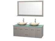 Wyndham Collection Centra 60 inch Double Bathroom Vanity in Gray Oak Green Glass Countertop Arista Ivory Marble Sinks and 58 inch Mirror