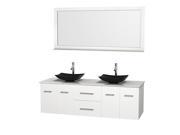 Wyndham Collection Centra 72 inch Double Bathroom Vanity in Matte White White Man Made Stone Countertop Arista Black Granite Sinks and 70 inch Mirror