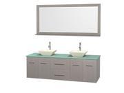 Wyndham Collection Centra 72 inch Double Bathroom Vanity in Gray Oak Green Glass Countertop Pyra Bone Porcelain Sinks and 70 inch Mirror