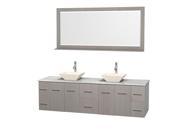 Wyndham Collection Centra 80 inch Double Bathroom Vanity in Gray Oak White Carrera Marble Countertop Pyra Bone Porcelain Sinks and 70 inch Mirror