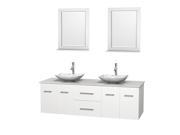 Wyndham Collection Centra 72 inch Double Bathroom Vanity in Matte White White Man Made Stone Countertop Arista White Carrera Marble Sinks and 24 inch Mirr