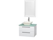 Wyndham Collection Amare 30 inch Single Bathroom Vanity in Glossy White Green Glass Countertop Pyra Bone Porcelain Sink and 24 inch Mirror