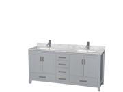 Wyndham Collection Sheffield 72 inch Double Bathroom Vanity in Gray White Carrera Marble Countertop Undermount Square Sinks and No Mirror