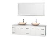 Wyndham Collection Centra 80 inch Double Bathroom Vanity in Matte White White Man Made Stone Countertop Arista Ivory Marble Sinks and 70 inch Mirror
