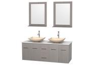 Wyndham Collection Centra 60 inch Double Bathroom Vanity in Gray Oak White Man Made Stone Countertop Arista Ivory Marble Sinks and 24 inch Mirrors