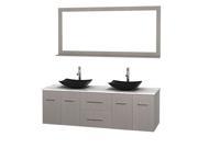 Wyndham Collection Centra 72 inch Double Bathroom Vanity in Gray Oak White Carrera Marble Countertop Arista Black Granite Sinks and 70 inch Mirror