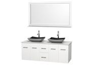 Wyndham Collection Centra 60 inch Double Bathroom Vanity in Matte White White Man Made Stone Countertop Altair Black Granite Sinks and 58 inch Mirror