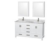 Wyndham Collection Sheffield 60 inch Double Bathroom Vanity in White White Carrera Marble Countertop Undermount Square Sinks and Medicine Cabinets
