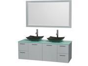 Wyndham Collection Amare 60 inch Double Bathroom Vanity in Dove Gray Green Glass Countertop Arista Black Granite Sinks and 58 inch Mirror