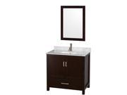 Wyndham Collection Sheffield 36 inch Single Bathroom Vanity in Espresso White Carrera Marble Countertop Undermount Square Sink and 24 inch Mirror