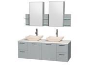 Wyndham Collection Amare 60 inch Double Bathroom Vanity in Dove Gray White Man Made Stone Countertop Avalon Ivory Marble Sinks and Medicine Cabinet