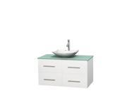 Wyndham Collection Centra 42 inch Single Bathroom Vanity in Matte White Green Glass Countertop Arista White Carrera Marble Sink and No Mirror
