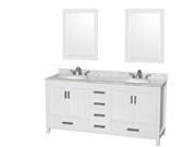 Wyndham Collection Sheffield 72 inch Double Bathroom Vanity in White White Carrera Marble Countertop Undermount Oval Sinks and 24 inch Mirrors