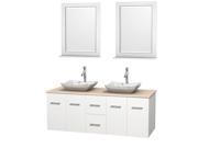 Wyndham Collection Centra 60 inch Double Bathroom Vanity in Matte White Ivory Marble Countertop Avalon White Carrera Marble Sinks and 24 inch Mirrors