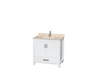Wyndham Collection Sheffield 36 inch Single Bathroom Vanity in White Ivory Marble Countertop Undermount Square Sink and No Mirror