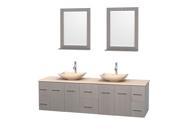 Wyndham Collection Centra 80 inch Double Bathroom Vanity in Gray Oak Ivory Marble Countertop Arista Ivory Marble Sinks and 24 inch Mirrors
