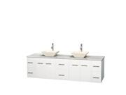 Wyndham Collection Centra 80 inch Double Bathroom Vanity in Matte White White Carrera Marble Countertop Pyra Bone Porcelain Sinks and No Mirror