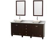 Wyndham Collection Acclaim 80 inch Double Bathroom Vanity in Espresso White Carrera Marble Countertop Pyra Bone Porcelain Sinks and 24 inch Mirrors