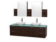 Wyndham Collection Amare 72 inch Double Bathroom Vanity in Espresso Green Glass Countertop Arista White Carrera Marble Sinks and Medicine Cabinets
