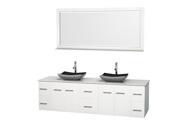 Wyndham Collection Centra 80 inch Double Bathroom Vanity in Matte White White Man Made Stone Countertop Altair Black Granite Sinks and 70 inch Mirror